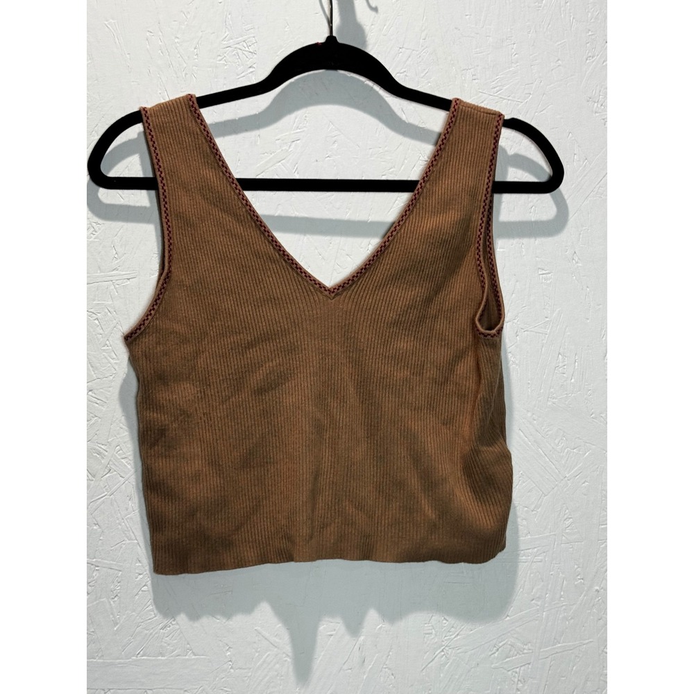Caroline Constas Womens Ribbed V-Neck Crop Tank Top Brown Burgundy Trim L
